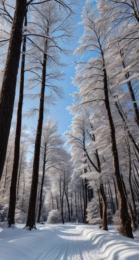 a view of a snowy path through a forest with trees