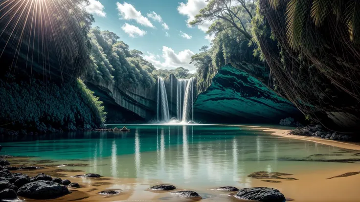 arafed view of a waterfall in a tropical jungle with a sandy beach