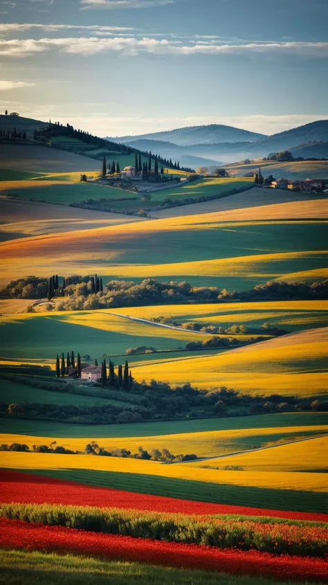 a profestional picutre of  Tuscany, Italy: Tuscanys rolling hills come alive in spring, as vineyards and olive groves awaken, and the landscape is dotted with poppies and wildflowers, creating a captivating scene of renewal and natural beauty. ,
wide angle...