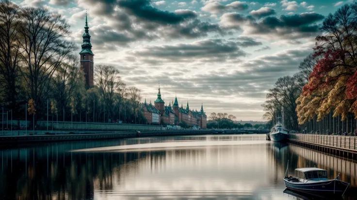 a profestional picutre of  GdaÅsk, Poland: GdaÅsks historic streets and maritime atmosphere harmonize with autumn, where the Royal Way, Hanseatic architecture, and the MotÅawa River create a picturesque backdrop for fall strolls ,wide angle, landscape ,...