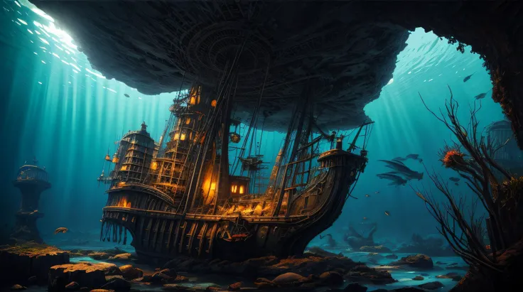 excellent oil painting of Atlantis: An underwater kingdom with majestic structures, underwater creatures, and a mysterious aura. , best quality, maximum quality, intricate details, ultrasahrp, ambient oclusion, realistic shadows, art by Bastien Lecouffe De...