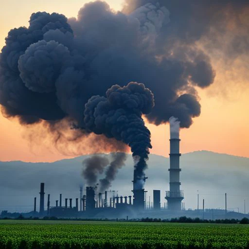 smoke billows from a factory chimney in a field at sunset