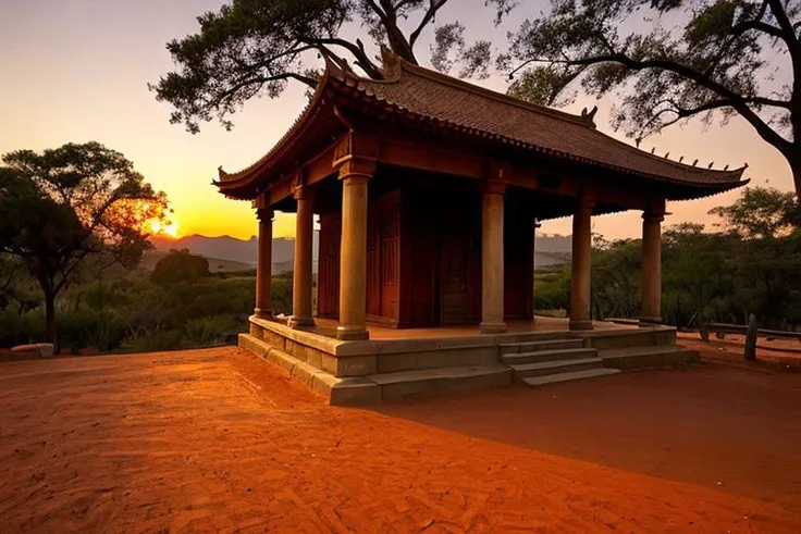 A old temple in a strange planet, dim light, rings, sunset, red soil, footprints,