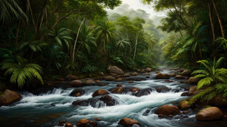 excellent oil painting of Amazon Rainforest: A vibrant jungle teeming with exotic wildlife, rushing rivers, and ancient tribes. , best quality, maximum quality, intricate details, ultrasahrp, ambient oclusion, realistic shadows, art by Bastien Lecouffe Deh...