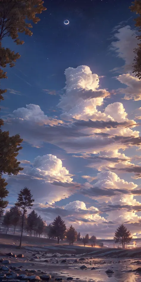 painting of a river with a moon and clouds in the sky