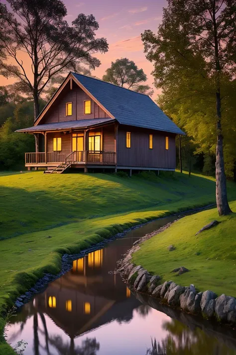 a close up of a house with a pond in front of it