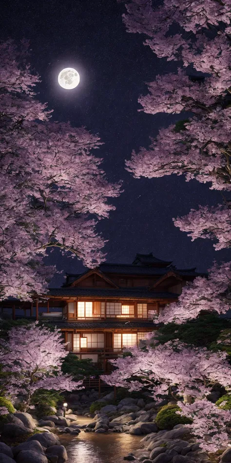 <lora:add_detail:1>masterpiece, extremely detailed, prefect quality, most detail, ray tracing, 8k, purple cherry blossoms, japanese garden, peaceful, night, full moon, stars, 1 frame, purple theme