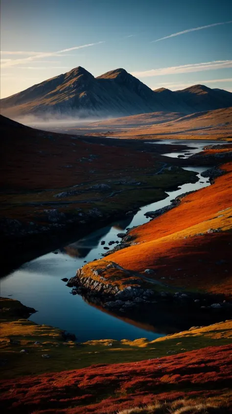 a profestional picutre of  Connemara, Ireland: Connemaras rugged landscape is adorned in autumnal splendor, with boglands and lakes surrounded by hillsides covered in copper and gold. Turf smoke mingles with the crisp air, and the Twelve Bens mountain rang...