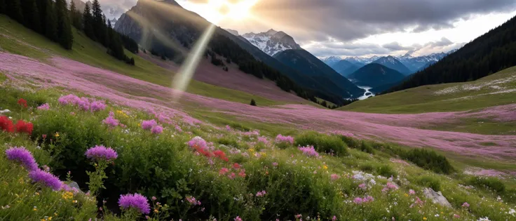 cinematic shot of alpine meadow, wildflowers, god rays, 8k, hd, masterpiece