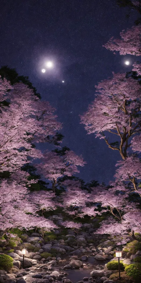 <lora:add_detail:1>masterpiece, extremely detailed, prefect quality, most detail, ray tracing, 8k, purple cherry blossoms, japanese garden, peaceful, night, full moon, stars, 1 frame, purple theme