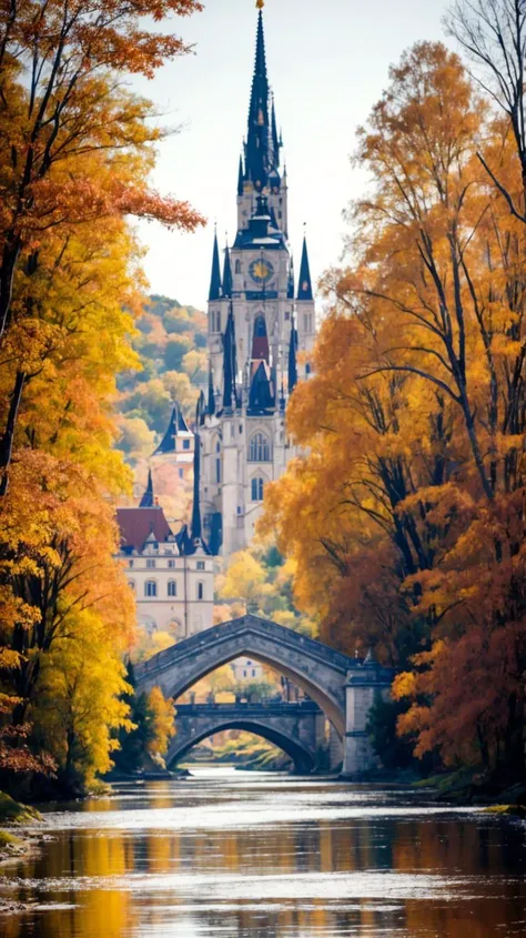 a profestional picutre of  Sárospatak, Hungary: Sárospatak, along the Bodrog River, dons autumn elegance with its medieval castle, Baroque churches, and riverside promenades bordered by trees ablaze in red and gold. ,
wide angle, landscape , 
photorealism,...