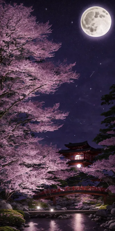 a close up of a full moon over a pond with trees