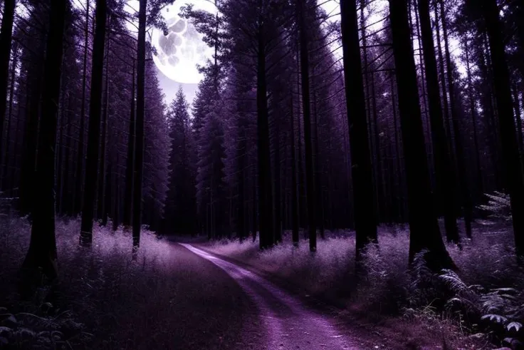 arafed view of a path in a dark forest with a full moon