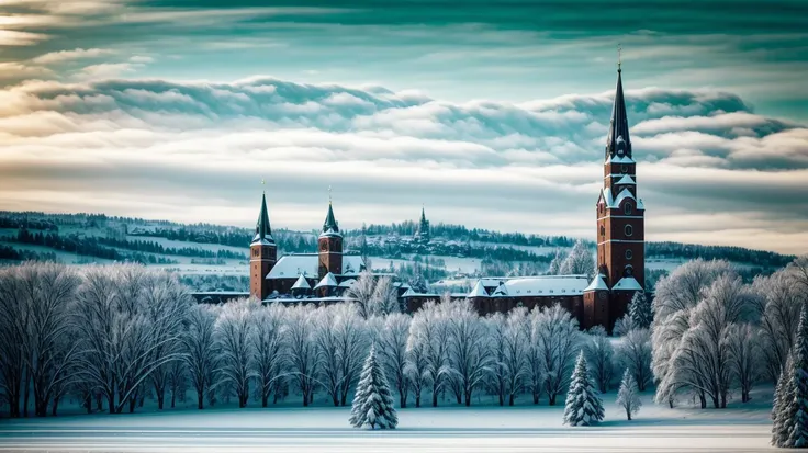 a profestional picutre of  Sibiu, Romania: Sibius medieval charm is accentuated by a blanket of snow, with the Council Tower and Brukenthal National Museum standing as stoic witnesses to the citys rich history in the heart of Transylvania.  ,wide angle, la...