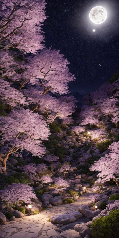 <lora:add_detail:1>masterpiece, extremely detailed, prefect quality, most detail, ray tracing, 8k, purple cherry blossoms, japanese garden, peaceful, night, full moon, stars, 1 frame, purple theme