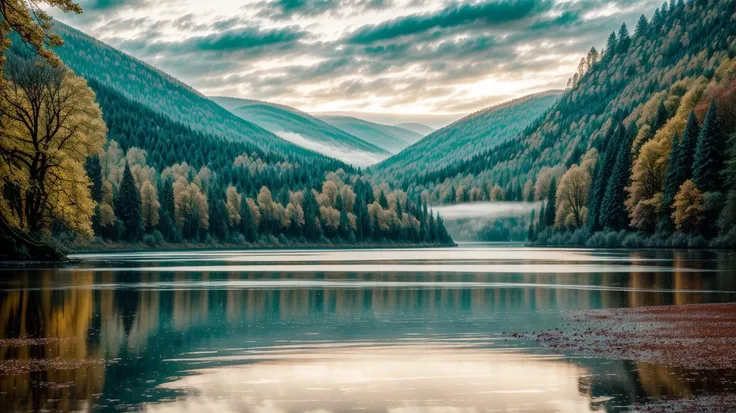 a profestional picutre of  The Wye Valley, Wales: The Wye Valley unveils a palette of autumnal splendor as the River Wye meanders through ancient woodlands. Canopies of golden leaves create a dappled light effect, and the ruins of Tintern Abbey stand as si...