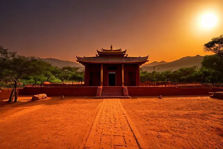 A old temple in a strange planet, dim light, rings, sunset, red soil, footprints,