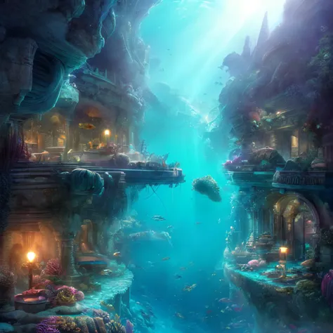 a view of a underwater scene with a cave and a fish