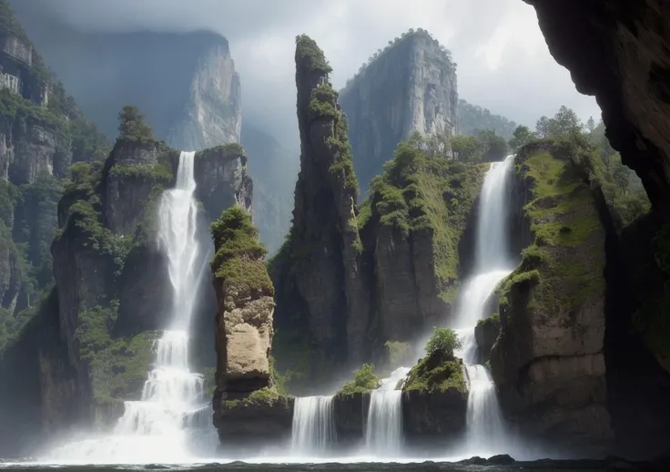 cinematic film still waterfall flowing over a giant cliff, HDR, 8K, shallow depth of field, vignette, highly detailed, high budget Hollywood film, bokeh, cinemascope, moody, epic, gorgeous, film grain