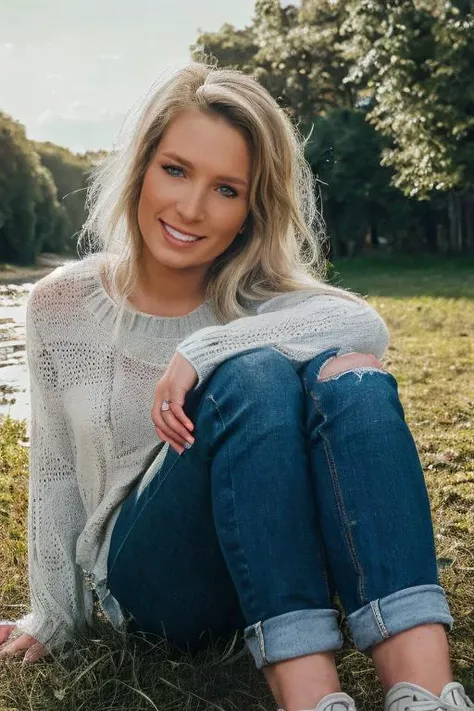 (((Close up head portrait))), ((Wearing a sweater)) and ((very distressed jeans)), ((Professional Photo Shoot)), ((in the country next to a river)), ((Sitting on the grass with legs crossed)), smiling, model shoot style, extremely intricate, High Detail, S...