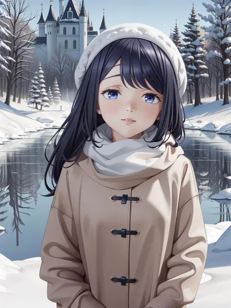 (masterpiece:1.2, best quality:1.1, highres,absurdres, high quality),(photorealistic:1.1),reflected light, colorful,ultra-detailed, ultra hd, super detailed,
1girl, solo, medium hair, blue hair, blue eyes, small breasts, (snowstyle, snow,snowing),  lying o...