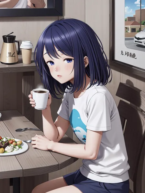 (masterpiece:1.2, best quality:1.1, highres,absurdres, high quality),(photorealistic:1.1),reflected light, colorful,ultra-detailed, ultra hd, super detailed,
1girl, solo, medium hair, blue hair, blue eyes, small breasts,  messy hair, sleepy, food, drinking...