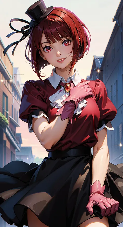 best quality), (masterpiece), (intricate detail, sharp focus), (official art), (perfect lighting), (soft lighting),
BREAK
 <lora:arima_kana_v1:0.7> aakana, short hair, mini hat, head tilt, red eyes, jewelry, brooch, white ascot, frills, red shirt, short sl...