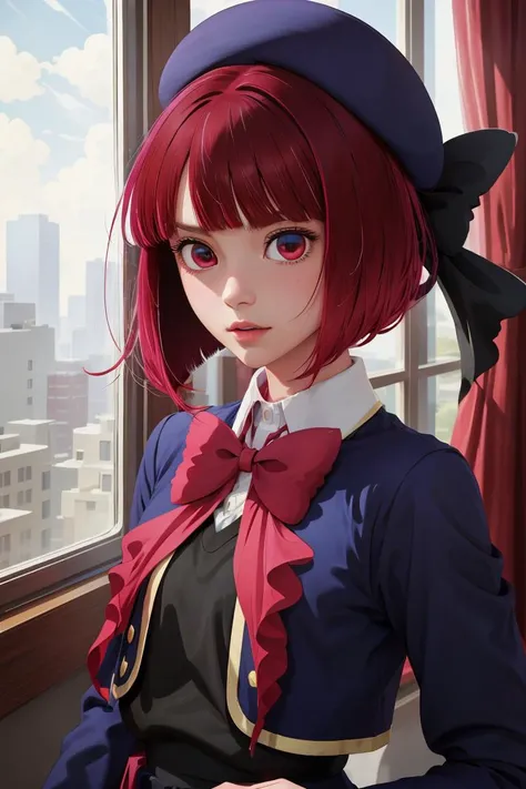 (masterpiece, best quality), 1girl,   <lora:arima_kana_v1:1> aakana, short hair, beret, red eyes, blue headwear, red bowtie, collared shirt, blue jacket, open jacket, long sleeves, grey skirt |