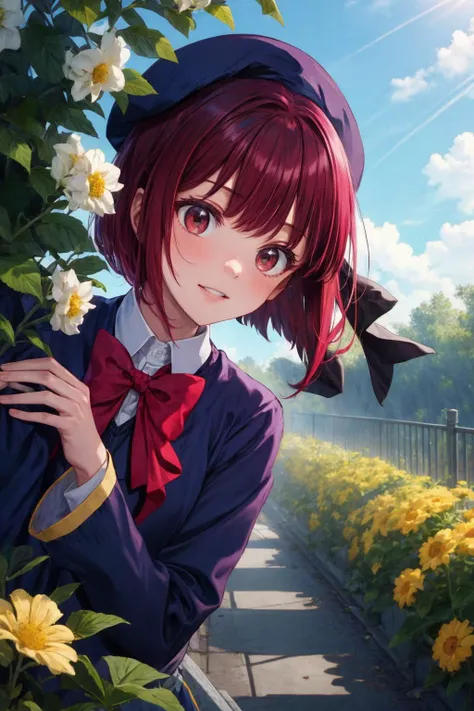 anime girl with red hair and a bow tie standing in a garden