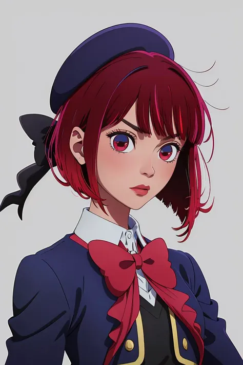 (masterpiece, best quality), 1girl,   <lora:arima_kana_v1:1> aakana, short hair, beret, red eyes, blue headwear, red bowtie, collared shirt, blue jacket, open jacket, long sleeves, grey skirt |