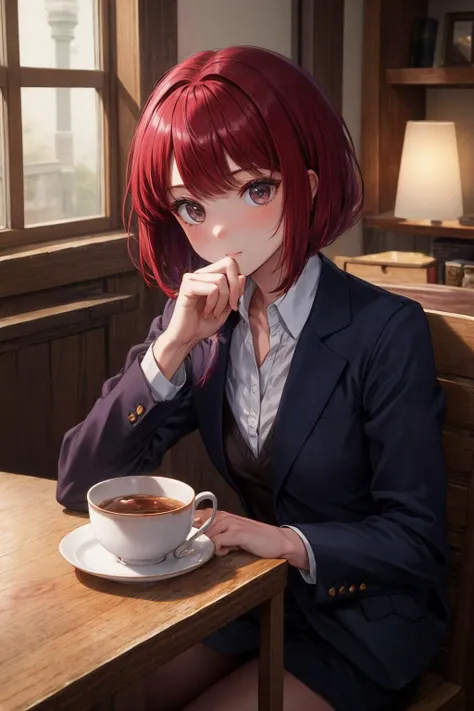 masterpiece, best quality, highres, aakana, short hair, red eyes, business suit, upperbody, looking the viewer,
<lora:arima_kana_v1:0.7>
sitting, holding tea, looking at the viewer, indoor,