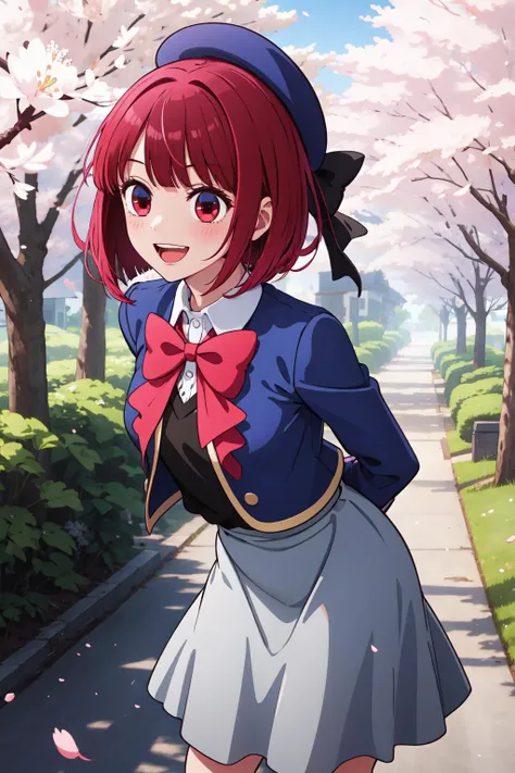 masterpiece, best quality, highres, aakana, aakana, short hair, beret, red eyes, blue headwear, red bowtie, collared shirt, blue jacket, open jacket, long sleeves, grey skirt, <lora:arima_kana_v1:0.7>, smile, open mouth, standing, leaning forward, arms beh...