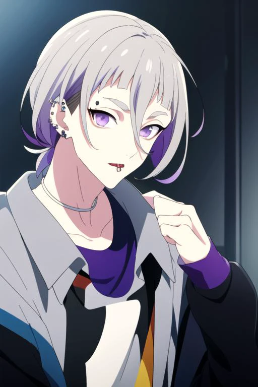 (best quality:1.1), (masterpiece:1.4), illustration, , upper body, , anime coloring, , 1boy, solo, male focus, <lora:ryuu_natsume:0.84>, ryuu_natsume, grey hair, purple eyes, multicolored hair, , , , piercing