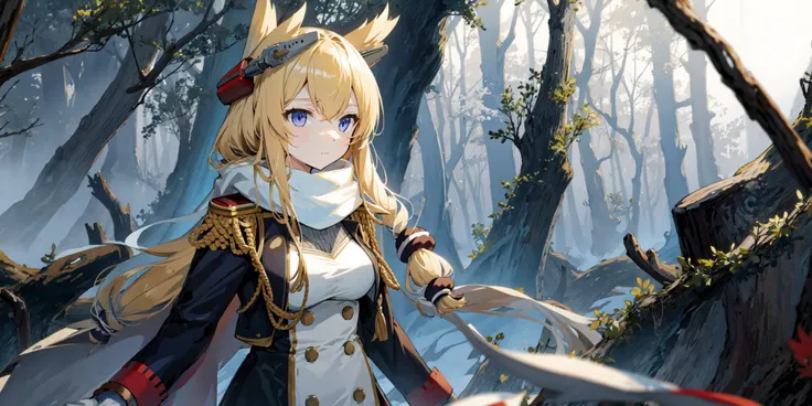 1girl, <lora:azur_lane_warspite:.9>, warspite, azur lane, Hunting costume, dead forest, night