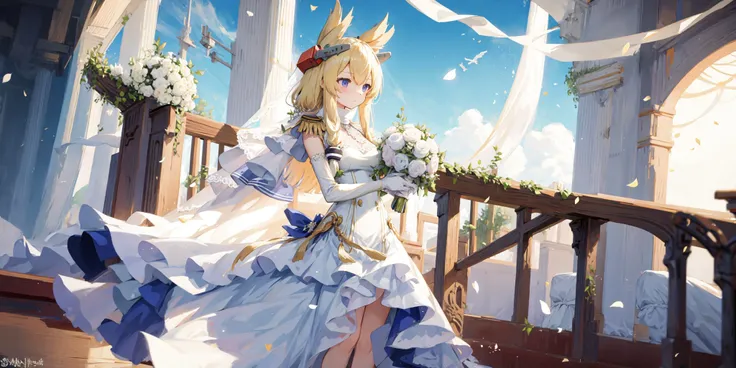 1girl, <lora:azur_lane_warspite:.9>, warspite, azur lane, (wedding dress:1.2), temple background