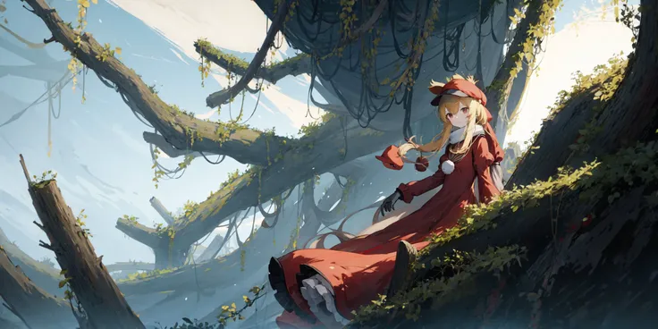 1girl, <lora:azur_lane_warspite:.9>, warspite, ((red hat dress:1.3)), dead forest, night