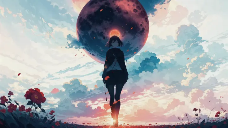 a woman walking in a field with a giant ball in the sky