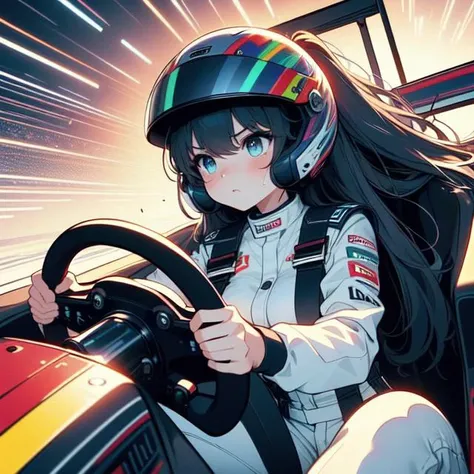 (((masterpiece))), (((best quality))), ((driving a formula racing)), ((hands on round steering wheel)), sitting on drivers seat, sharp eyes, ((helmet)), uniform, (((speed lines))), ((electricity)), ((neon lights)), solo, 1girl, big tits, longhair, sweat, s...