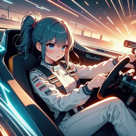 (((masterpiece))), (((best quality))), (((driving a formula racing))), ((fingers on (steering wheel))), sitting on cockpit, sharp eyes, helmet, uniform, speed lines, electric current, spiral wind, neon lights, dust, spark, shards, solo, 1girl, big tits, up...