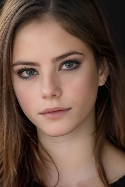 a close up of a woman with long hair and a black shirt