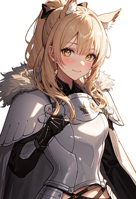 best quality, masterpiece, highres, solo, (blemishine_arknights:1.10), 1girl, closed mouth, fur trim, looking at viewer, simple background, white background, breastplate, upper body, smile, cape, plate armor, sidelocks, black gloves, blush, 1 <lora:blemish...