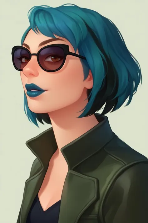 a woman with blue hair and sunglasses wearing a green jacket