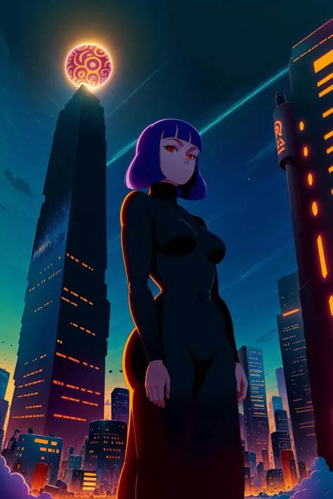 A ((giant woman)) in a body suit, ((leaning against a skyscraper)), in a city, (attack of the 50 foot woman), art by WAS-LiliBellons, ((good hand, best hand)), 4k, high-res, sharp focus