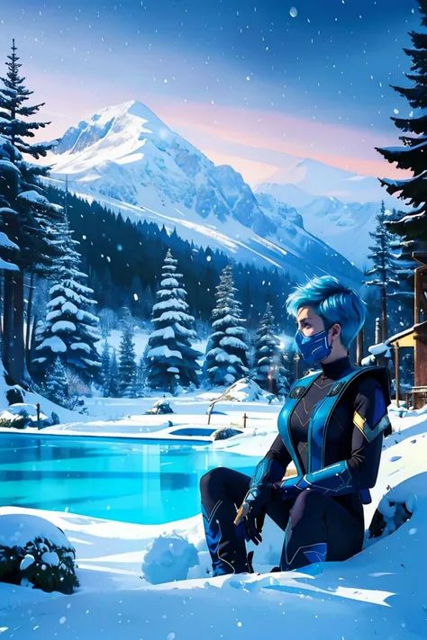 frost, ninja, bodysuit, shoulder armor, blue pixie cut hair, ninja mask, sitting, boots, 
snow, lake, trees, mountain, snowing, 
Vivid_Setting,<lora:Vivid_Setting_Combined:.8> beautifully detailed, ultra quality, HDR, extremely detailed, <lora:Frost:.8>