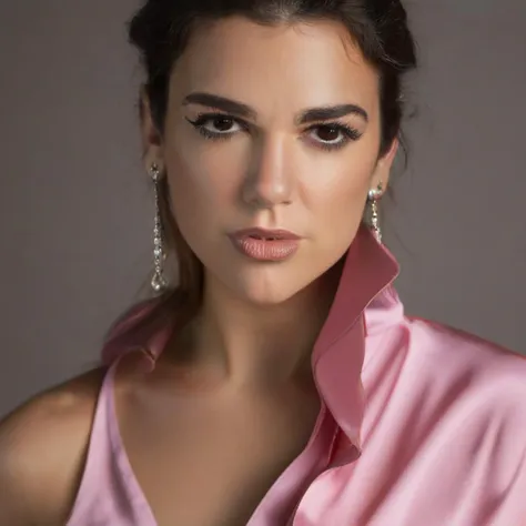 a close up of a woman wearing a pink shirt and earrings