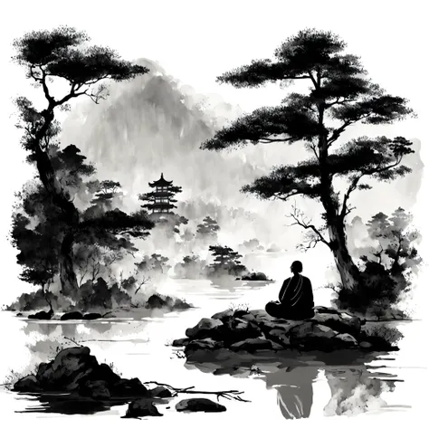 Japanese art, sumi-e, a zen monk meditating in a forest at a pond