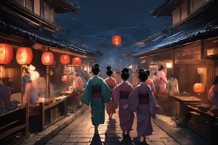 8k ,masterpiece,illustrate art,hyper sharpness,high detailed,cgi,(8k uhd, masterpiece, best quality, high quality, ultra-detailed, detailed background),
girls in yukata uniform, in edo era, at night, strolling through the annual rutting festival. which is ...