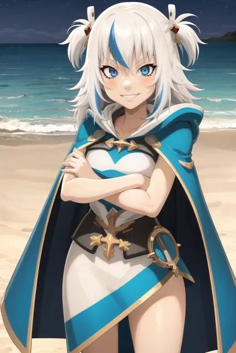 1girl, masterpiece, best quality, gray hair, hair ornaments, two side up, streaked hair, blue eyes, gawr gura, blue armor, white cape, hood, smile, looking at viewer, night, sea, beach, sand, standing, arm crossed, looking at viewer <lora:gwar gura by goof...