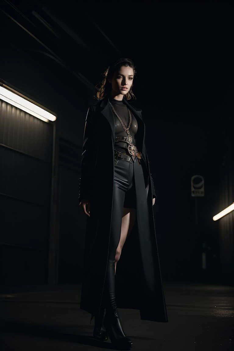 Photorealistic Images: {Against the backdrop of a Steampunk Victorian industrial landscape, a model poses with effortless grace and sophistication. Dressed in edgy yet elegant attire, she exudes confidence and allure as she gazes into the distance. The cin...