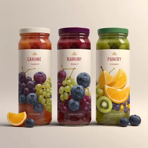 three jars of fruit are sitting next to each other